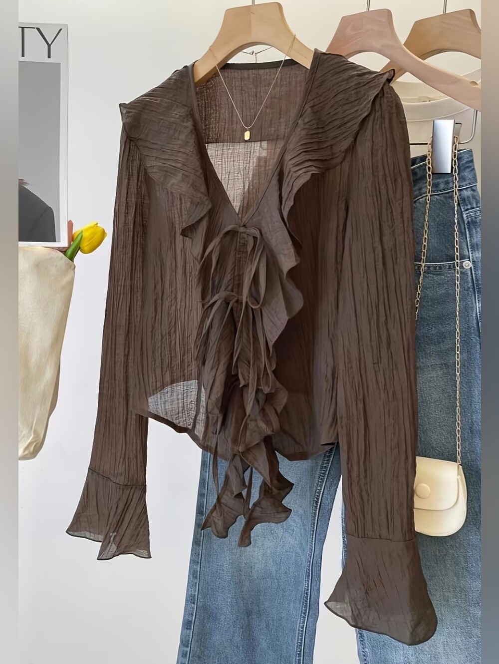 Women'S Elegant Solid Color Pleated V Neck Long Sleeve Pullover Shirt